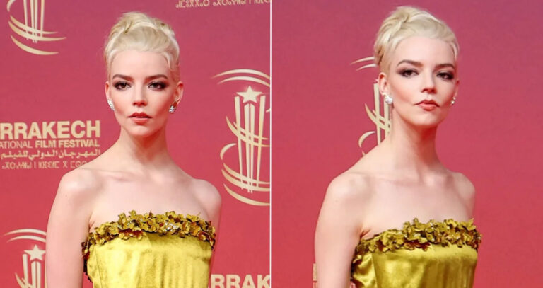 يدمج فستان أنيا تايلور-جوي المخصص من ديور بين الساتان والأزهار والطيات العميقة في المغرب